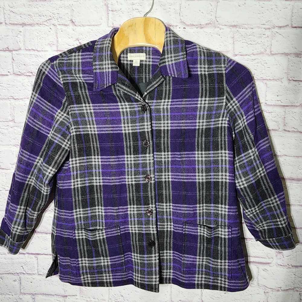 Appleseeds Wool Blend Jacket Women's XL Purple Plaid Button Up Collared Pockets